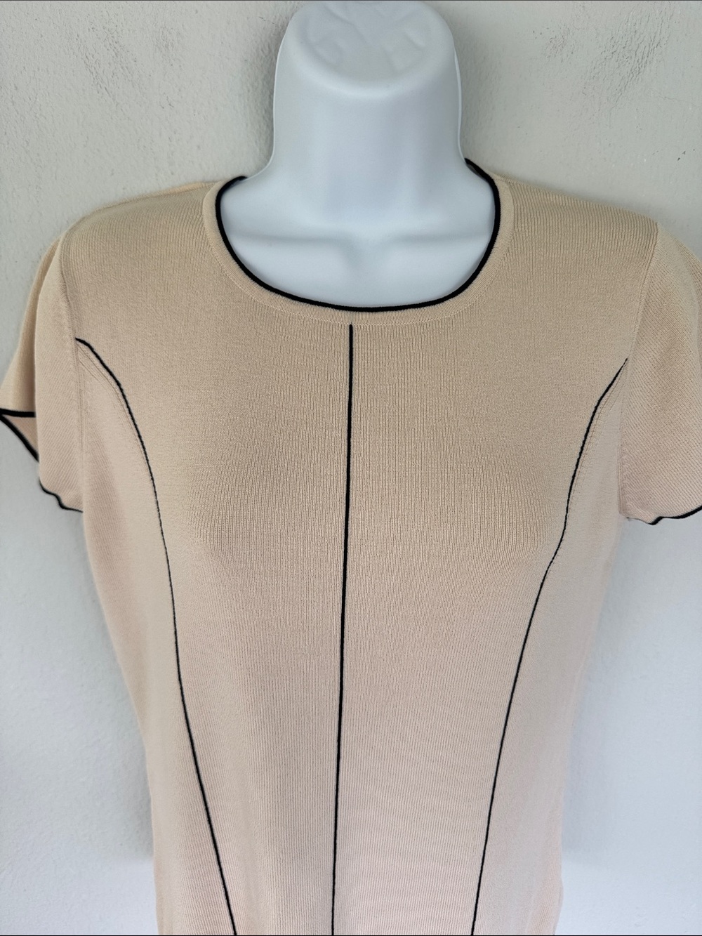 Vintage Carducci cream black stretch knit short sleeve sweater top size large - Picture 3 of 9